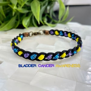 Bladder Cancer Bracelet, Cancer Awareness Bracelet, Blue, Yellow and Purple, Braided Leather and Seed Bead Bracelet, Cancer Support Gift