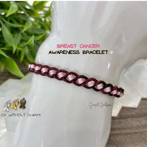 Breast Cancer Bracelet, Cancer Awareness Bracelet, Pink Seed Bead Braided Leather  Bracelet, Cancer Support, Cancer Gift