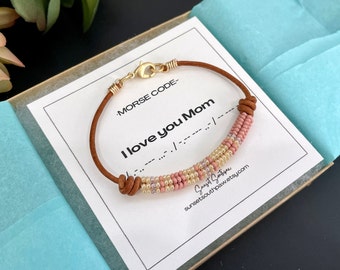 Morse Code 'I Love You Mom' Beaded Leather Bracelet: Custom Color and Length