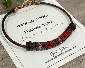 I Love You Morse Code Bracelet, Anniversary Gift, Wife Gift, Girlfriend Gift, Secret Message Bracelet, Beaded Leather, Valentine's Day Gift