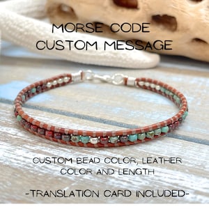 Custom Message Morse Code Bracelet, Picasso Seed Bead Bracelet, Leather Morse Code Bracelet, Custom Gift, Personalized Gift, Unisex Bracelet
