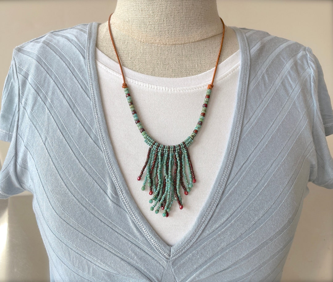 Seed Beaded Fringe and Leather Southwestern Necklace, Boho Leather and
