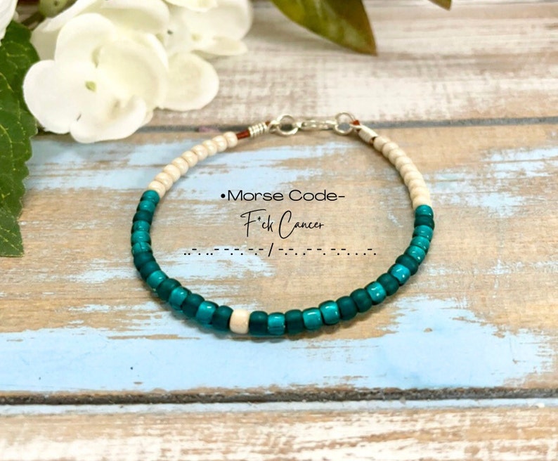 FCK CANCER Morse Code Bracelet, Beaded Morse Code Bracelet, Teal Cancer Bracelet, Encouragement Gift, Secret Code Bracelet, Unisex Gift image 2