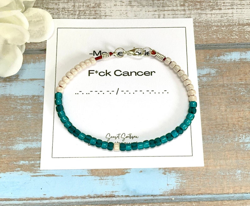 FCK CANCER Morse Code Bracelet, Beaded Morse Code Bracelet, Teal Cancer Bracelet, Encouragement Gift, Secret Code Bracelet, Unisex Gift image 3