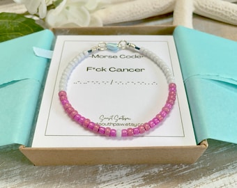 Pink Morse Code Bracelet: F*ck Cancer Beaded Leather Bracelet