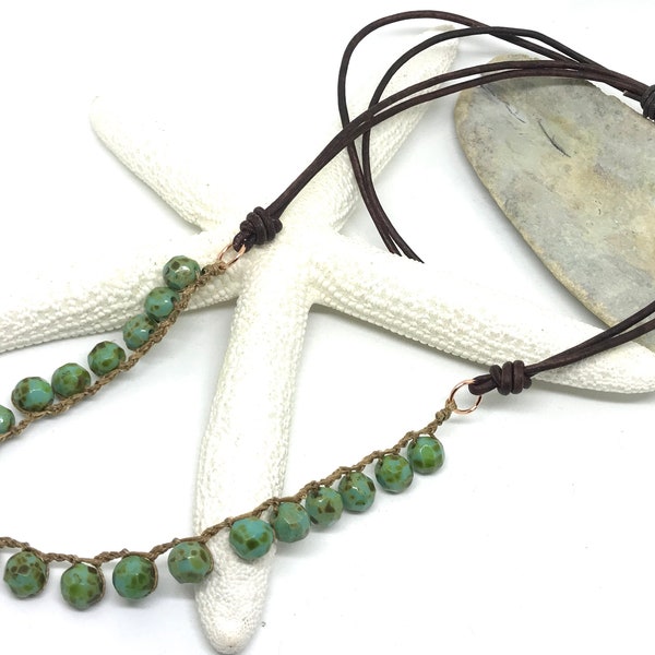 Beaded Adjustable Leather Necklace, Picasso Fire Polished Beads, Crochet Necklace, Bead and Leather Necklace, Boho Necklace, Crochet Jewelry