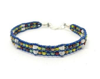 Moonstone Leather Bracelet, Picasso Seed Bead Bracelet, Beaded Double Row Bracelet, Blue Leather Southwestern Boho Bracelet, Women's Cuff