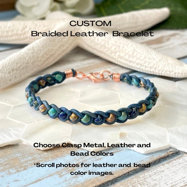 Custom Braided Leather Bracelet, Picasso Seed Beads, Southwestern Bracelet, Braided Leather and Bead Wrap Bracelet, Single Wrap, Boho