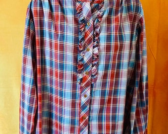 Women’s Vintage Plaid French Ruffled Button Up Shirt