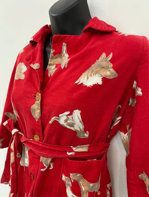 Girls Vintage Red Dog Printed Button Up Dress