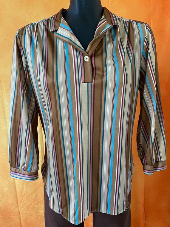 Women’s Vintage Brown Striped Soft Polyester  Blo… - image 2