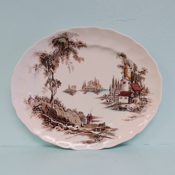 Vintage Johnson Brothers Multi Color Brown "The Old Mill" Transferware Platter- 12"