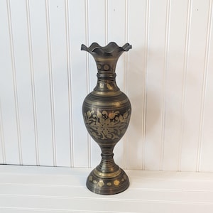 Vintage Large Indian Floral Brass Vase- 14.25" tall