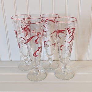 Vintage Set of Four Libbey Red and White Pilsner Beer Glasses