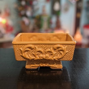 Vintage Mustard Orange Footed Embossed Pottery Planter