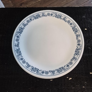 Puede incluir: Plato de cerámica blanco con un borde floral azul. El plato es redondo y presenta un diseño clásico, con un patrón repetitivo de flores y hojas azules en el borde.