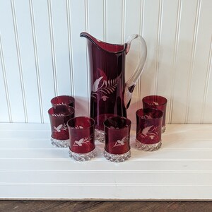 Vintage Ruby Cut-To-Clear Glass Pitcher Set