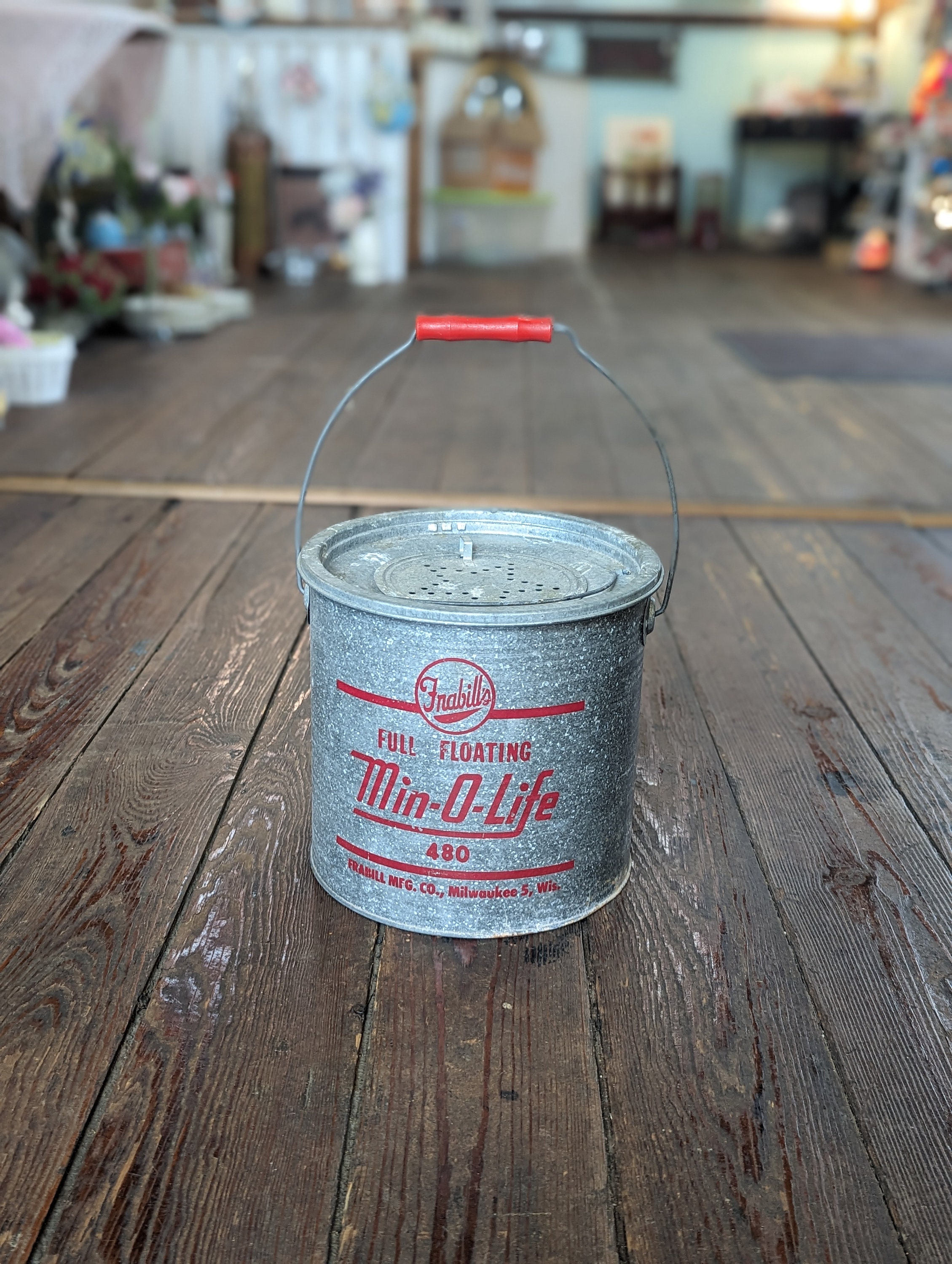 Vintage Galvanized Live Minnow Bait Bucket insert 8 tall 9.5 diameter  w/handle
