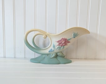 Vintage Yellow and Green Floral Hull Pottery Cornucopia Vase