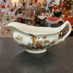 Vintage Johnson Brothers Multi Color Brown &quot;The Old Mill&quot; Transferware Gravy Boat