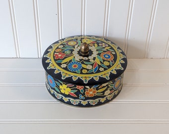 Vintage Round Black Floral Daher Ware England Tin