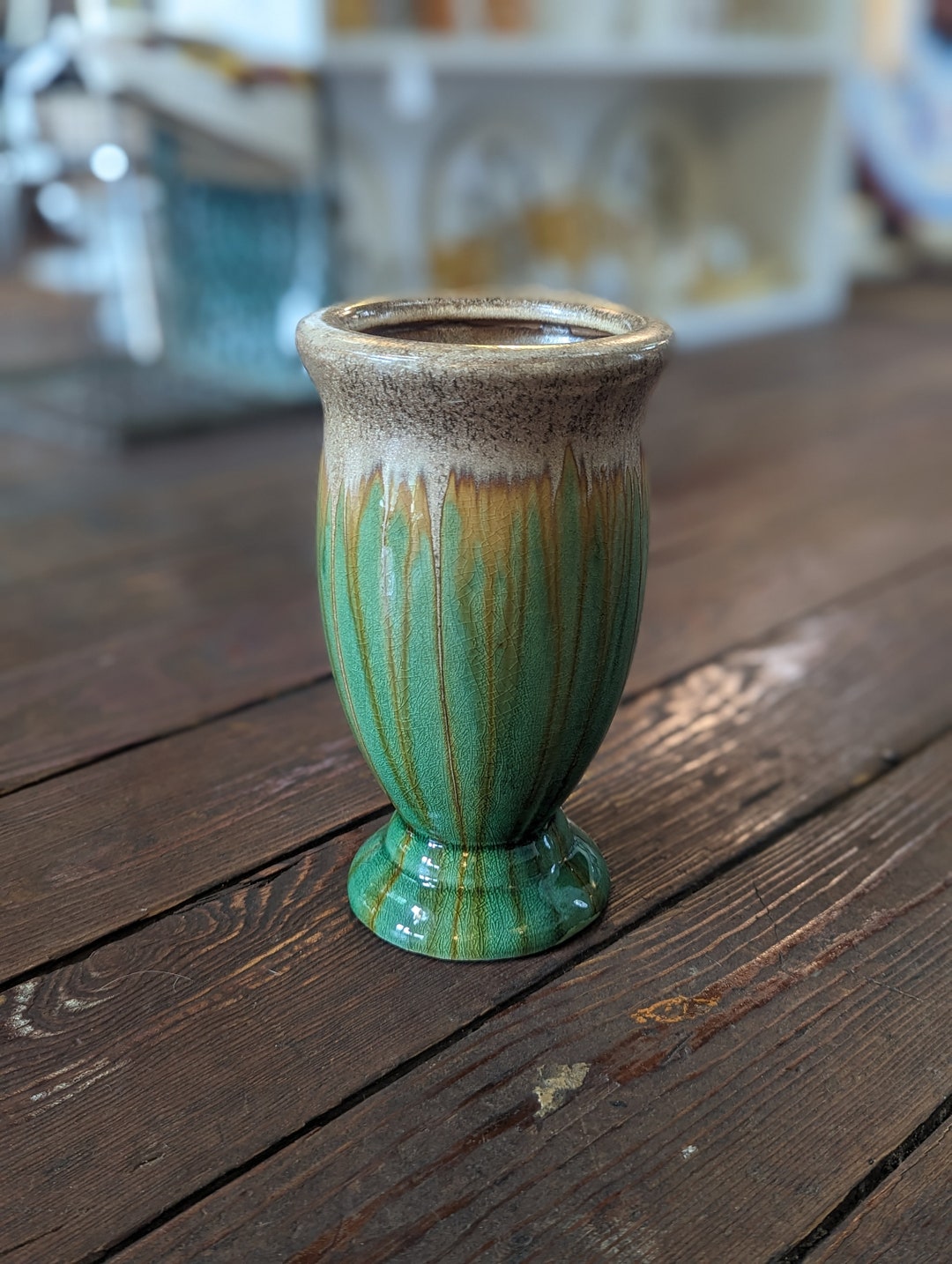 Vintage Green and Brown Drip Glaze Pottery Vase - Etsy