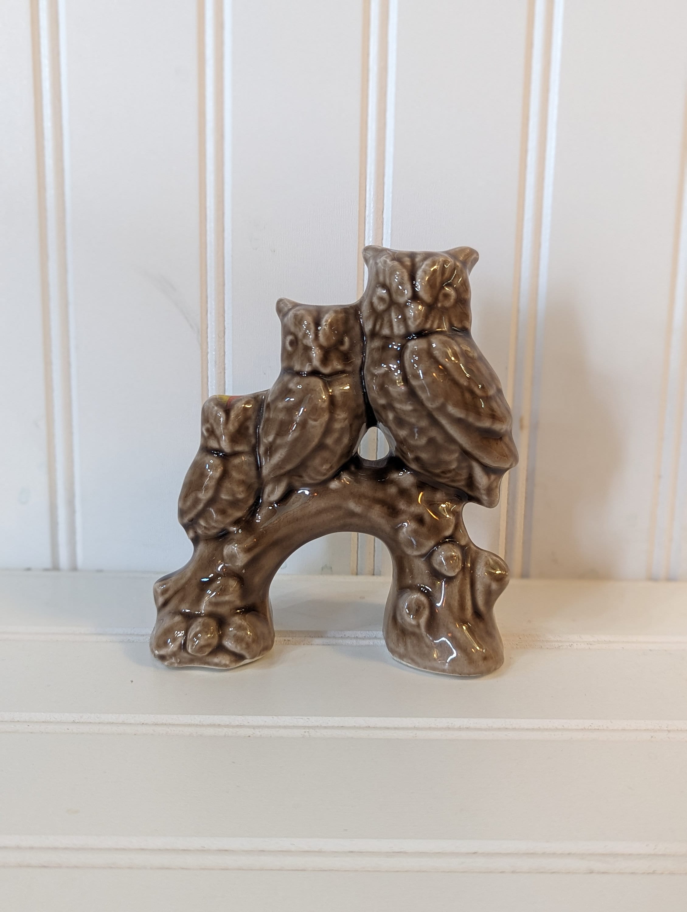 Vintage Hand painted Trio of Ceramic Owls on a Tree Branch