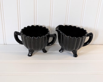 Vintage Black Imperial Glass Pillar Flute Creamer and Sugar