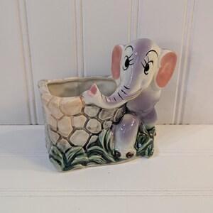 Vintage Pink and Purple Ceramic Elephant Planter