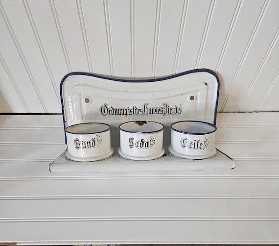 Vintage German Navy Blue and White Enamelware Laundry Wall Hanging Organization Unit