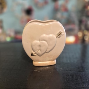 Vintage Japan White Ceramic Valentine's Day Heart and Cupid's Arrow Pottery Planter