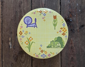 Vintage Yellow Plaid Floral Round Valleybrook Farms Cookie/Biscuit Tin