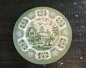 Vintage Staffordshire &quot;Old Inns Series&quot; Green Transferware Soup Bowl- 8.75&quot;
