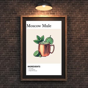 Póster vintage de cóctel Moscow Mule, ilustración de taza de cobre, decoración de bar, arte de pared de cocina, letrero de bar para el hogar, impresión de receta de bebida