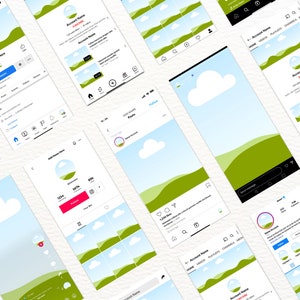 May include: A screenshot of a mobile app interface with a blue sky and green hills background. The app features a profile page with a username, follower count, and a grid of images. The app also includes a home page with a feed of posts.