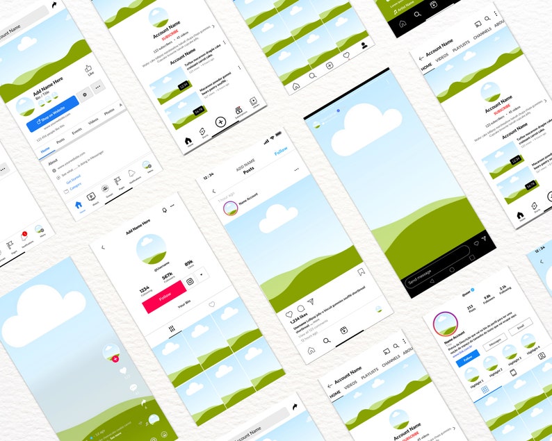 May include: A screenshot of a mobile app interface with a blue sky and green hills background. The app features a profile page with a username, follower count, and a grid of images. The app also includes a home page with a feed of posts.