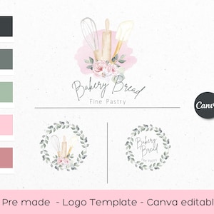 Bakery Logo Design: Watercolor Floral, Editable DIY Branding (Canva)
