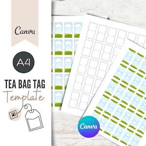 Tea Bag tag CANVA template, A4 Editable, party printable, tea digital, tea bag Label, tea bag