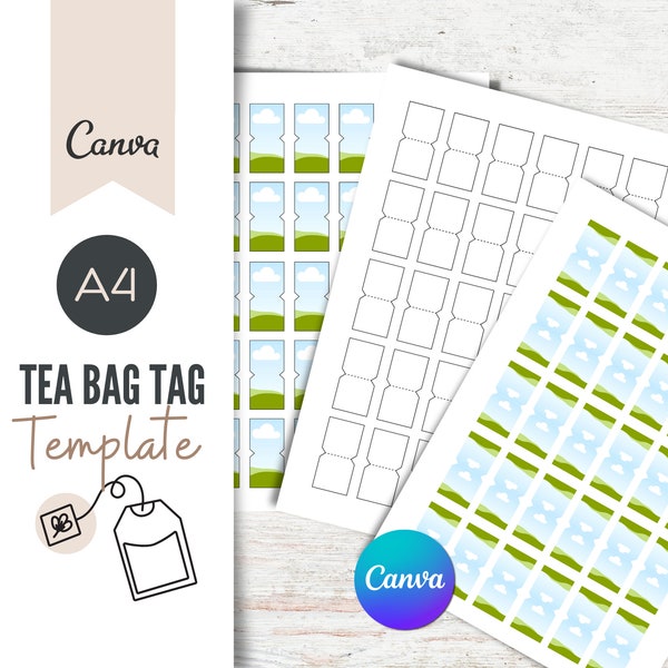 Tea Bag tag CANVA template, A4 Editable, party printable, tea digital, tea bag Label, tea bag