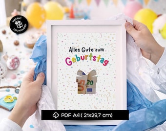 Geburtstags-Geldgeschenk-Kartenvorlage • DIY zum Ausschneiden (download em PDF, formato A4)