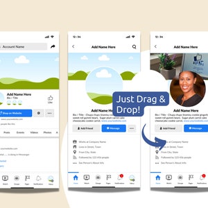 May include: A mock-up of a social media profile page with a green and blue landscape background. The profile picture is a woman with short black hair. The text "Add Name Here" appears in the profile picture and the profile banner. The text "Just Drag & Drop!" appears in a white box with a black outline. The profile includes a bio, a "Shop on Website" button, a "Message" button, and an "Add Friend" button.