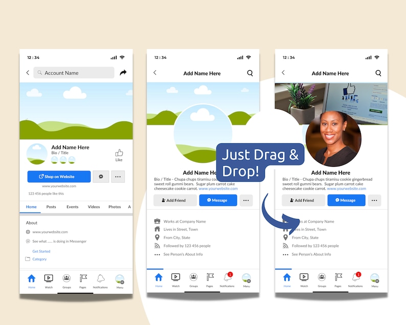 May include: A mock-up of a social media profile page with a green and blue landscape background. The profile picture is a woman with short black hair. The text "Add Name Here" appears in the profile picture and the profile banner. The text "Just Drag & Drop!" appears in a white box with a black outline. The profile includes a bio, a "Shop on Website" button, a "Message" button, and an "Add Friend" button.