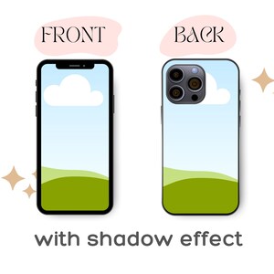 May include: A phone case with a blue sky, white cloud, and green hills design. The case is shown from the front and back. The text "FRONT" and "BACK" is displayed above each image.