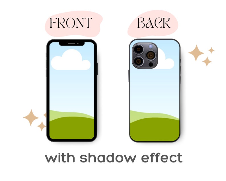 May include: A phone case with a blue sky, white cloud, and green hills design. The case is shown from the front and back. The text "FRONT" and "BACK" is displayed above each image.
