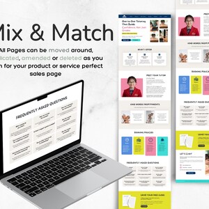 May include: A laptop displaying a webpage with the text "Frequently Asked Questions" and a sales page layout. The sales page includes sections for "Meet Your Tutor," "Kind Words From Parents," and "Booking Policies." The image also features the text "Mix & Match."