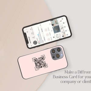 May include: A pink phone case with a black QR code and a black camera lens. The text "Make a Diffreent Business Card for your company or clients" is below the phone case.