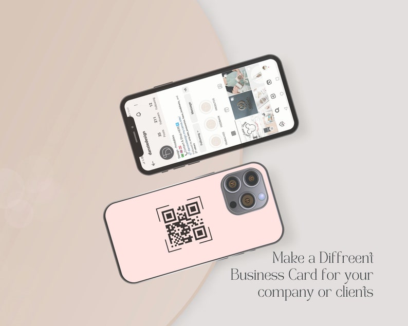 May include: A pink phone case with a black QR code and a black camera lens. The text "Make a Diffreent Business Card for your company or clients" is below the phone case.