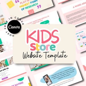 May include: A website template for a children's store with a pink, green and yellow colour scheme. The text "KIDS STORE Website Template" is in a large, colourful font. The template includes sections for "What We Offer", "Connect with Us", and "A Word About Us".