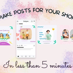 May include: Four Instagram post templates for a children's clothing shop. The first post features a summer collection with two children wearing yellow and green shirts. The second post features a child wearing a yellow shirt and a child wearing a brown shirt. The third post features a child wearing a green shirt. The fourth post features a before and after photo of a baby.