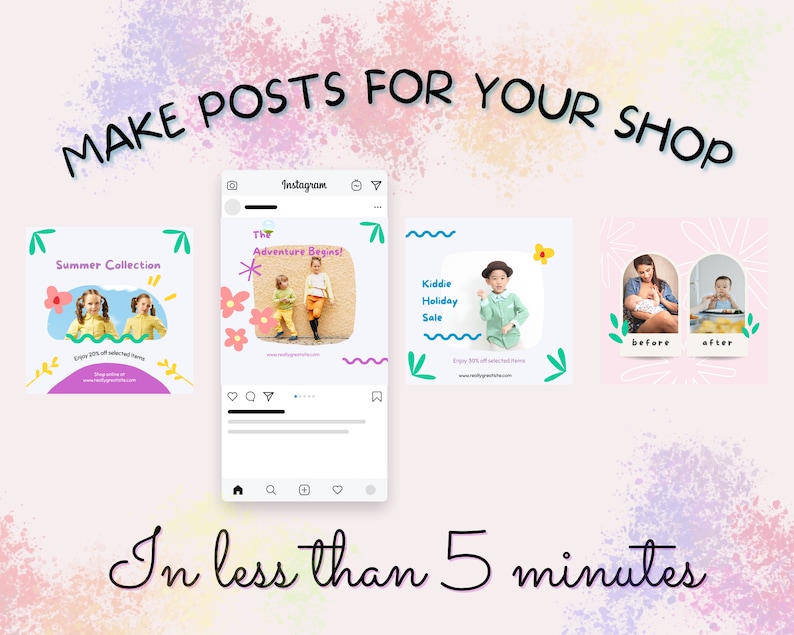 May include: Four Instagram post templates for a children's clothing shop. The first post features a summer collection with two children wearing yellow and green shirts. The second post features a child wearing a yellow shirt and a child wearing a brown shirt. The third post features a child wearing a green shirt. The fourth post features a before and after photo of a baby.